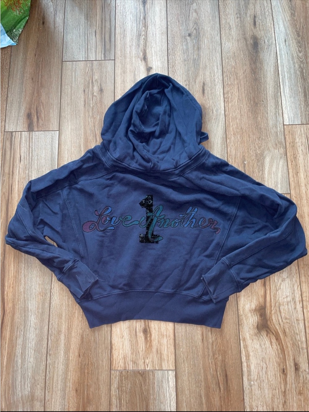 Free People Movement Navy 'Love Another' Cropped Hoodie with Script Embroidery